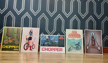 Load image into Gallery viewer, A retro selection of five chopper bike art prints features stunning designs inspired by famous advertisements and renowned actresses.
