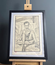 Load image into Gallery viewer, Stylish Man sunbathing, vintage 1970 pencil art work
