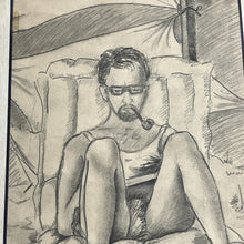 Load image into Gallery viewer, Stylish Man sunbathing, vintage 1970 pencil art work
