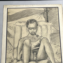 Load image into Gallery viewer, Stylish Man sunbathing, vintage 1970 pencil art work
