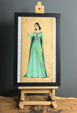 Load image into Gallery viewer, This lovely watercolour of an elegant lady in a flowing emerald green dress with excellent intricate detailing; the face is painted with outstanding design, a beautiful lady with jet black hair.
