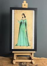 Load image into Gallery viewer, This lovely watercolour of an elegant lady in a flowing emerald green dress with excellent intricate detailing; the face is painted with outstanding design, a beautiful lady with jet black hair.
