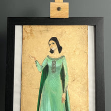 Load image into Gallery viewer, This lovely watercolour of an elegant lady in a flowing emerald green dress with excellent intricate detailing; the face is painted with outstanding design, a beautiful lady with jet black hair.
