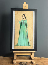 Load image into Gallery viewer, This lovely watercolour of an elegant lady in a flowing emerald green dress with excellent intricate detailing; the face is painted with outstanding design, a beautiful lady with jet black hair.
