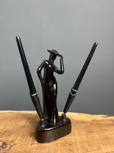 Load image into Gallery viewer, This fabulous piece showcases a glamorous lady, artfully sculpted and adorned with a vibrant black glaze pottery finish
