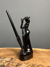 Load image into Gallery viewer, This fabulous piece showcases a glamorous lady, artfully sculpted and adorned with a vibrant black glaze pottery finish
