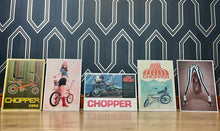 Load image into Gallery viewer, A retro selection of five chopper bike art prints features stunning designs inspired by famous advertisements and renowned actresses.
