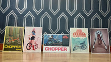 Load image into Gallery viewer, A retro selection of five chopper bike art prints features stunning designs inspired by famous advertisements and renowned actresses.
