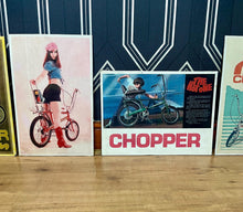 Load image into Gallery viewer, A retro selection of five chopper bike art prints features stunning designs inspired by famous advertisements and renowned actresses.
