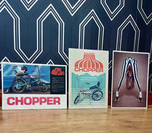 Load image into Gallery viewer, A retro selection of five chopper bike art prints features stunning designs inspired by famous advertisements and renowned actresses.
