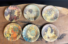 Load image into Gallery viewer, Stunning Mucha art nouveau bamboo dish coasters, a selection of elegant ladies with lovely colours, and a set of glamorous pieces of home decor to create an impact in your room design.
