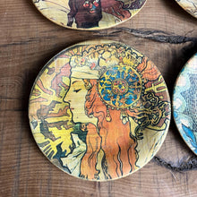 Load image into Gallery viewer, Stunning Mucha art nouveau bamboo dish coasters, a selection of elegant ladies with lovely colours, and a set of glamorous pieces of home decor to create an impact in your room design.
