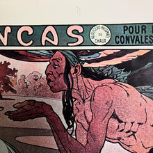 Load image into Gallery viewer, Stunning Alphonse Mucha - Vin Des Incas is an excellent, detailed, and bold-toned design with a medical and historical subject created using a wooden board design from the vintage mid-century era.
