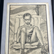 Load image into Gallery viewer, Stylish Man sunbathing, vintage 1970 pencil art work
