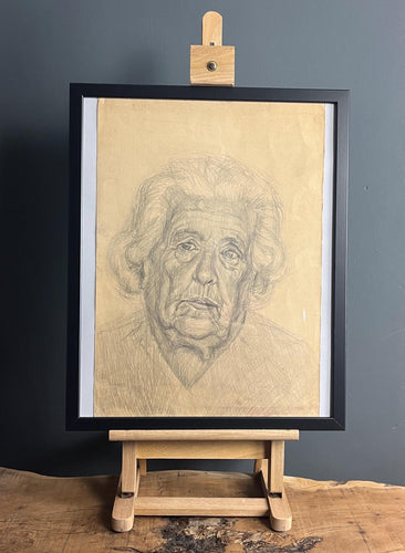 Stylish original vintage 1960’s pencil drawing Old lady portrait