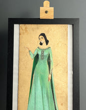 Load image into Gallery viewer, This lovely watercolour of an elegant lady in a flowing emerald green dress with excellent intricate detailing; the face is painted with outstanding design, a beautiful lady with jet black hair.
