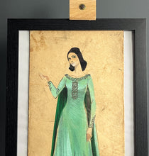 Load image into Gallery viewer, This lovely watercolour of an elegant lady in a flowing emerald green dress with excellent intricate detailing; the face is painted with outstanding design, a beautiful lady with jet black hair.
