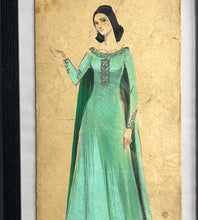 Load image into Gallery viewer, This lovely watercolour of an elegant lady in a flowing emerald green dress with excellent intricate detailing; the face is painted with outstanding design, a beautiful lady with jet black hair.
