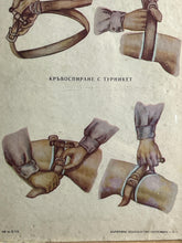 Load image into Gallery viewer, This is a vintage original poster on a card depicting medical and military content from Eastern Europe. It shows diagrams of the tourniquet method and provides instructions on usage.
