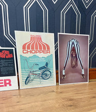 Load image into Gallery viewer, A retro selection of five chopper bike art prints features stunning designs inspired by famous advertisements and renowned actresses.
