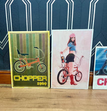 Load image into Gallery viewer, A retro selection of five chopper bike art prints features stunning designs inspired by famous advertisements and renowned actresses.
