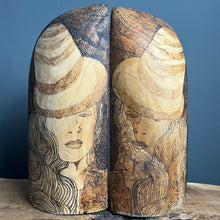 Load image into Gallery viewer, Stunning vintage designer art deco bookends featuring a glamorous lady, intricately detailed in pokerwork, adorned in stylish clothing. The wooden design showcases excellent craftsmanship, making these bookends ideal for holding large books.
