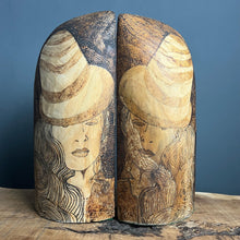 Load image into Gallery viewer, Stunning vintage designer art deco bookends featuring a glamorous lady, intricately detailed in pokerwork, adorned in stylish clothing. The wooden design showcases excellent craftsmanship, making these bookends ideal for holding large books.
