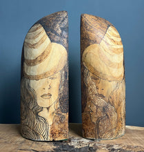 Load image into Gallery viewer, Stunning vintage designer art deco bookends featuring a glamorous lady, intricately detailed in pokerwork, adorned in stylish clothing. The wooden design showcases excellent craftsmanship, making these bookends ideal for holding large books.
