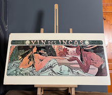 Load image into Gallery viewer, Stunning Alphonse Mucha - Vin Des Incas is an excellent, detailed, and bold-toned design with a medical and historical subject created using a wooden board design from the vintage mid-century era.
