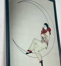 Load image into Gallery viewer, Beautiful vintage art deco mirror featuring a vivid clown posing with a thoughtful look of his face with his long white outfit and mandolin between his arms, background in a noir crescent moon to create an attractive finish.
