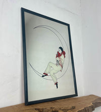 Load image into Gallery viewer, Beautiful vintage art deco mirror featuring a vivid clown posing with a thoughtful look of his face with his long white outfit and mandolin between his arms, background in a noir crescent moon to create an attractive finish.
