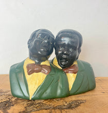 Load image into Gallery viewer, A stunning vintage 1940s ceramic bust of two African American jazz singers with a beautiful design finish with excellent facial features and expressions with a green suit, yellow shirt, and maroon bowtie, creating an exciting figure.
