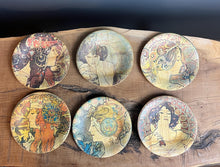 Load image into Gallery viewer, Stunning Mucha art nouveau bamboo dish coasters, a selection of elegant ladies with lovely colours, and a set of glamorous pieces of home decor to create an impact in your room design.
