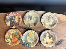 Load image into Gallery viewer, Stunning Mucha art nouveau bamboo dish coasters, a selection of elegant ladies with lovely colours, and a set of glamorous pieces of home decor to create an impact in your room design.
