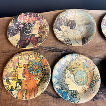 Load image into Gallery viewer, Stunning Mucha art nouveau bamboo dish coasters, a selection of elegant ladies with lovely colours, and a set of glamorous pieces of home decor to create an impact in your room design.
