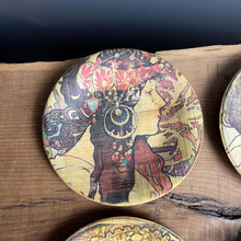 Load image into Gallery viewer, Stunning Mucha art nouveau bamboo dish coasters, a selection of elegant ladies with lovely colours, and a set of glamorous pieces of home decor to create an impact in your room design.
