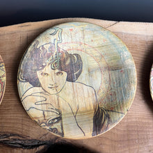 Load image into Gallery viewer, Stunning Mucha art nouveau bamboo dish coasters, a selection of elegant ladies with lovely colours, and a set of glamorous pieces of home decor to create an impact in your room design.
