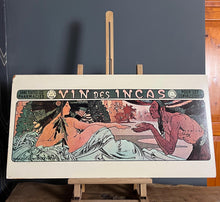 Load image into Gallery viewer, Stunning Alphonse Mucha - Vin Des Incas is an excellent, detailed, and bold-toned design with a medical and historical subject created using a wooden board design from the vintage mid-century era.
