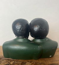 Load image into Gallery viewer, A stunning vintage 1940s ceramic bust of two African American jazz singers with a beautiful design finish with excellent facial features and expressions with a green suit, yellow shirt, and maroon bowtie, creating an exciting figure.
