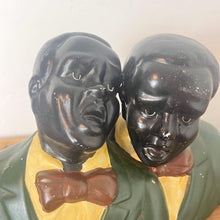 Load image into Gallery viewer, A stunning vintage 1940s ceramic bust of two African American jazz singers with a beautiful design finish with excellent facial features and expressions with a green suit, yellow shirt, and maroon bowtie, creating an exciting figure.
