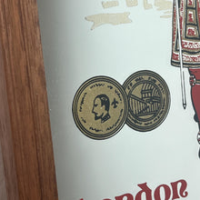 Load image into Gallery viewer, vintage Gordon’s London dry gin mirror, an advertising collectable for wines and spirits. The stunning design features the famous London gin brand in vivid red fonts, a vibrant gold background, and a picture of the familiar logo
