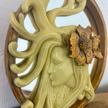 Load image into Gallery viewer, A superb piece features a glamorous lady with excellent design with the hair flowing around the mirror in a beautiful detail with a fabulous floral headdress; the frame comes with an intricate pattern finish in a vibrant gold design
