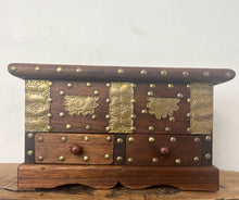 Load image into Gallery viewer, Vintage Jewellery Organisational Box, Mid-Century Brass Design, African Craftsmanship, Wooden Chest, Home Ornaments, Trinket Trunk
