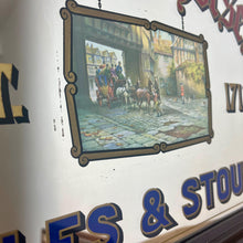 Load image into Gallery viewer, A stunning coach and horse advertising mirror featuring a Victorian-style picture in the middle creates a beautiful effect. Around the outside are a selection of excellent fonts in vibrant colours with the logo.
