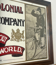 Load image into Gallery viewer, Amazing vintage British Colonial Bicycle Company advertising mirror showing fabulous font in vivid colour on the side in a stunning picture or a policeman with him moustache on an antique bike with the background a far off backdrop
