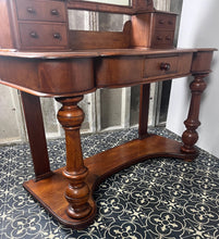 Load image into Gallery viewer, Crafted from elegant quality mahogany, it has a shaped mirror set within a frame. Stunning carved and scrolled supports lead to a pair of two small drawers. It has a moulded edge to the shaped dressing table top with one central drawer.
