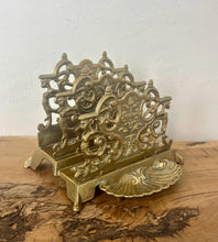 Load image into Gallery viewer, The beautiful ornate letter rack has an intricately detailed finish and vivid tone, three letter opening compartments, and a stunning shell pin dish.
