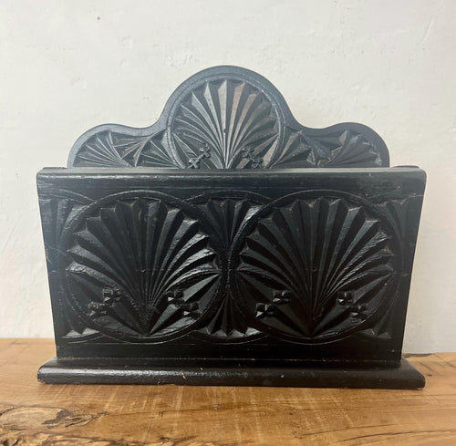 Beautiful ornate letter rack with an intricately detailed finish and matt tone in oak with an ebonised design has an opening compartment for your items.