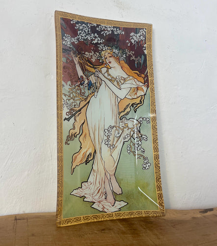 Incredible, vibrant Mucha spring art nouveau ring dish or decorative dish featuring a glamorous lady with a vivid, colourful tree and cherry blossom background. She is wearing a beautiful white dress and a floral headband, playing her harp