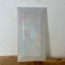 Load image into Gallery viewer, ncredible, vibrant Mucha spring art nouveau ring dish or decorative dish featuring a glamorous lady with a vivid, colourful tree and cherry blossom background. She is wearing a beautiful white dress and a floral headband, playing her harp
